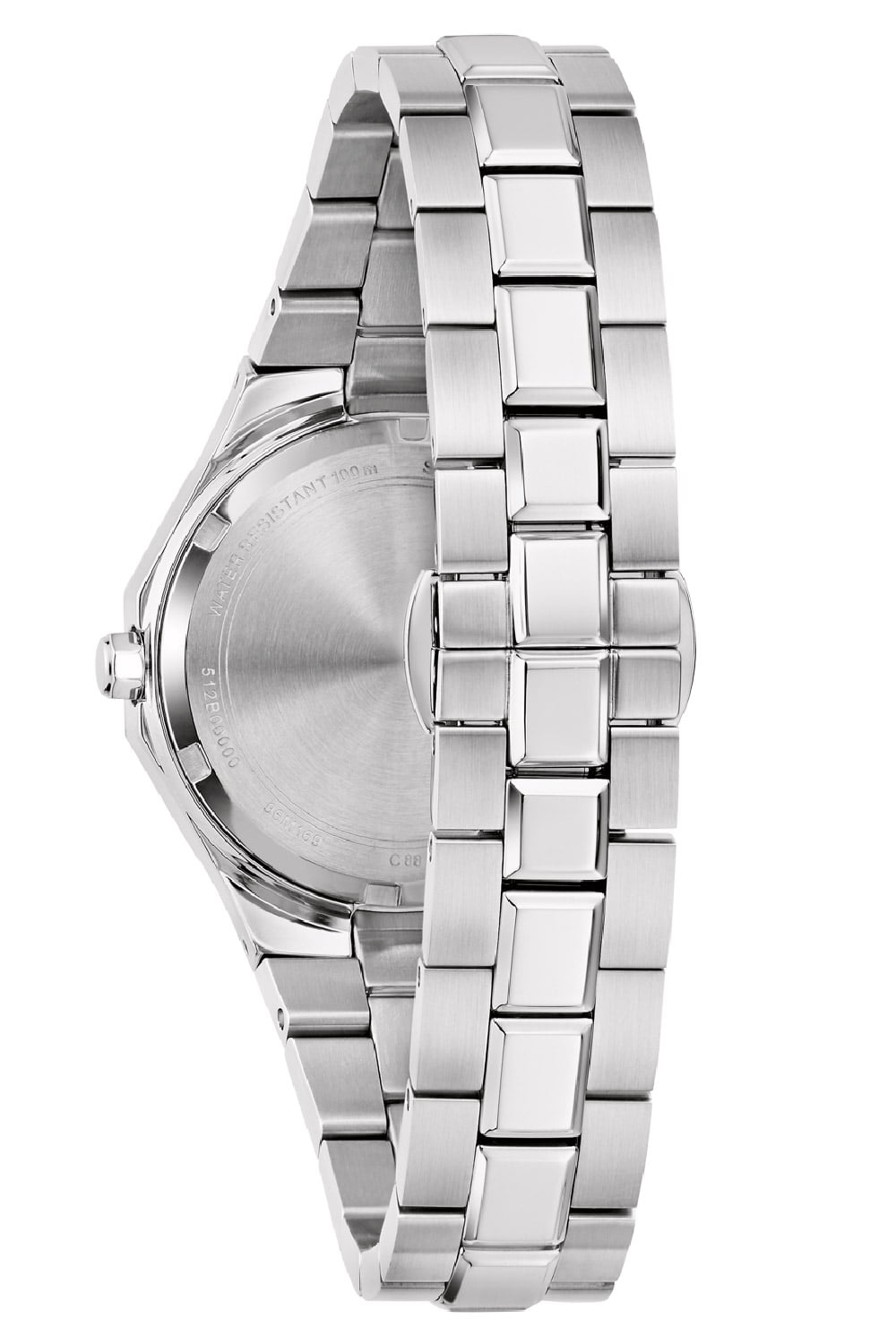 Damenarmbanduhr Bulova, schräger Blick auf Edelstahlgehäuse und Armbandglieder