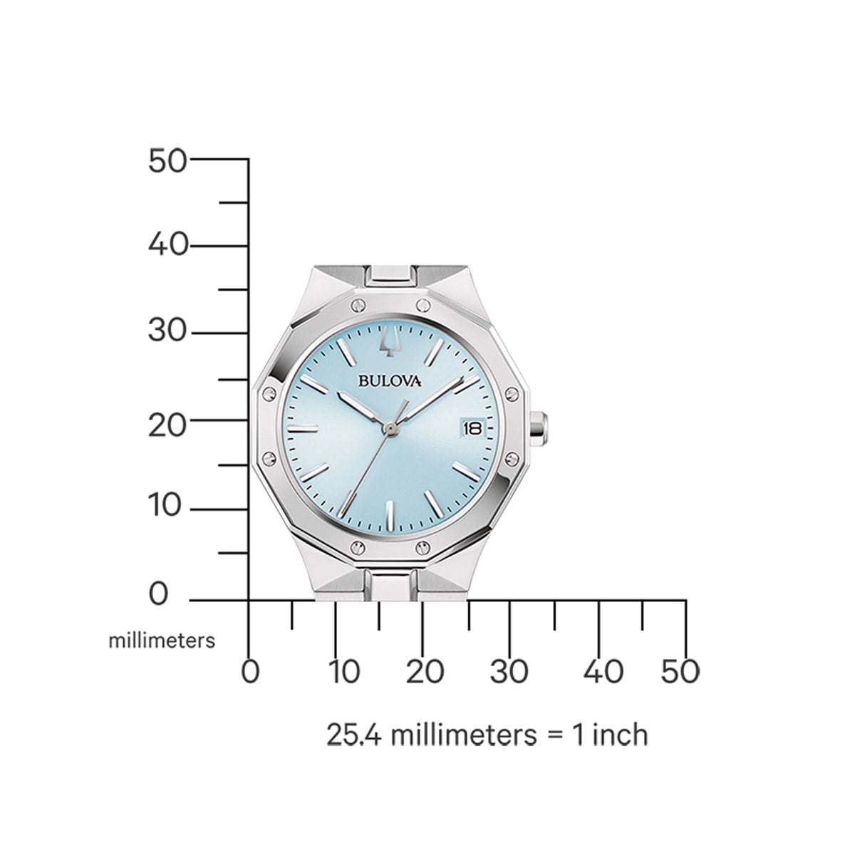 Damenarmbanduhr Bulova mit Maßskizze in mm und Zoll, Edelstahlgehäuse