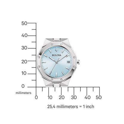 Damenarmbanduhr Bulova mit Maßskizze in mm und Zoll, Edelstahlgehäuse