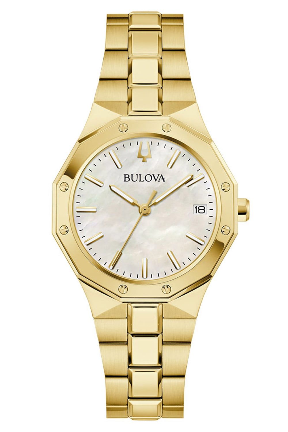 Bulova Damenuhr mit goldfarbenem Armband, weißem Zifferblatt und Datumsanzeige