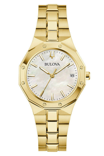 Bulova Damenuhr mit goldfarbenem Armband, weißem Zifferblatt und Datumsanzeige