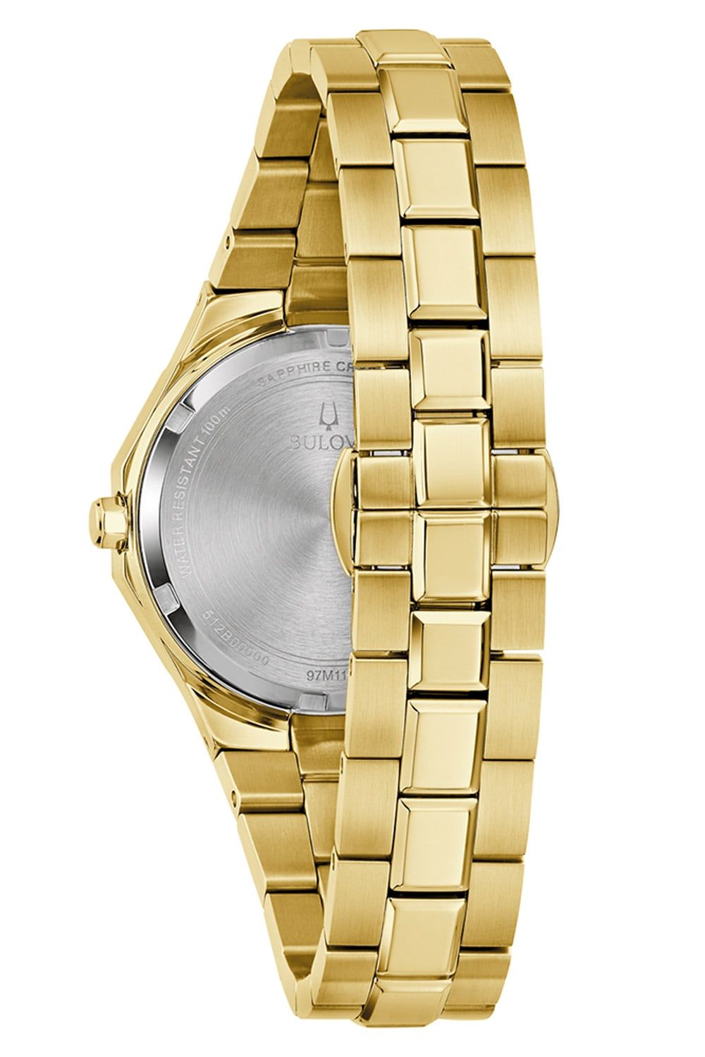 Bulova Damenuhr mit goldfarbenem Gehäuse und silberner Rückseite