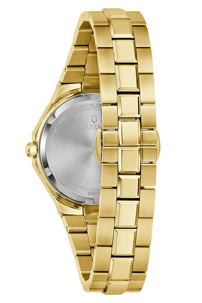 Bulova Damenuhr mit goldfarbenem Gehäuse und silberner Rückseite