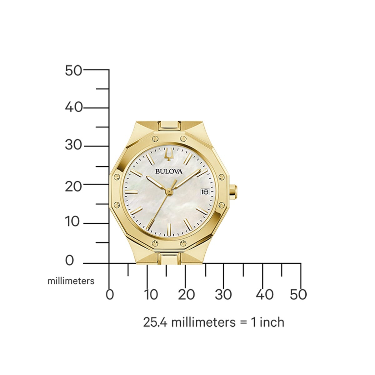 Bulova Damenuhr mit Größenangabe in mm, Frontansicht, goldfarbenes Gehäuse