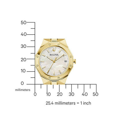 Bulova Damenuhr mit Größenangabe in mm, Frontansicht, goldfarbenes Gehäuse