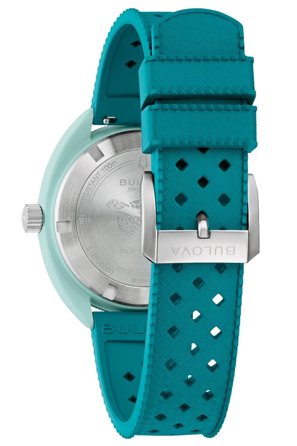 Bulova Herrenarmbanduhr mit blaugrünem Armband, seitlichem Gehäuse und Krone