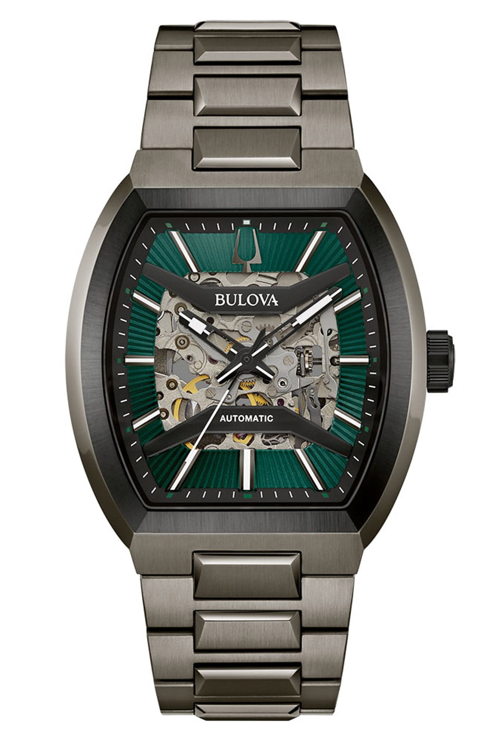 Bulova Herrenuhr mit grün gestreiftem Zifferblatt und Skelett-Automatik, Stahlarmband