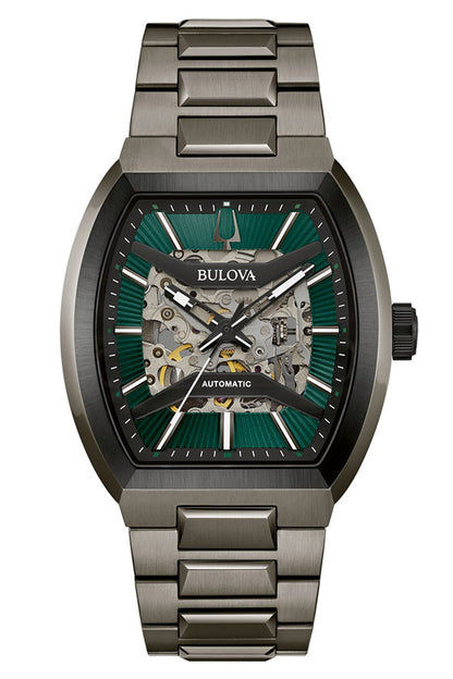 Bulova Herrenuhr mit grün gestreiftem Zifferblatt und Skelett-Automatik, Stahlarmband