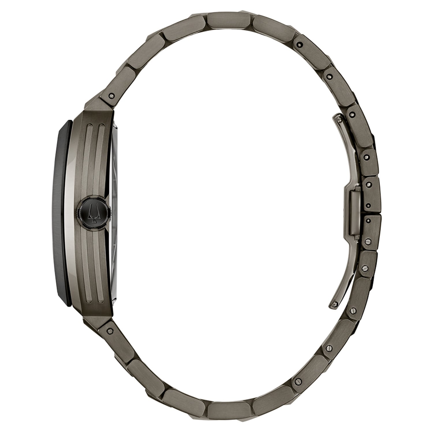 Bulova Herrenuhr seitlich mit geriffelter Krone und Metallarmband, kantiges Gehäuse