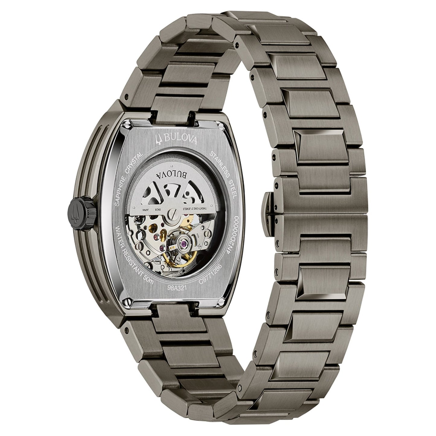 Bulova Herrenuhr mit sichtbarer Mechanik auf der Rückseite und Stahlarmband