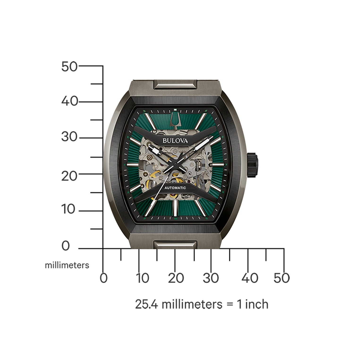 Bulova Herrenuhr mit grün gestreiftem Skelettzifferblatt, Automatikwerk und Stahlgehäuse