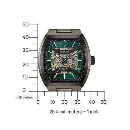 Bulova Herrenuhr mit grün gestreiftem Skelettzifferblatt, Automatikwerk und Stahlgehäuse