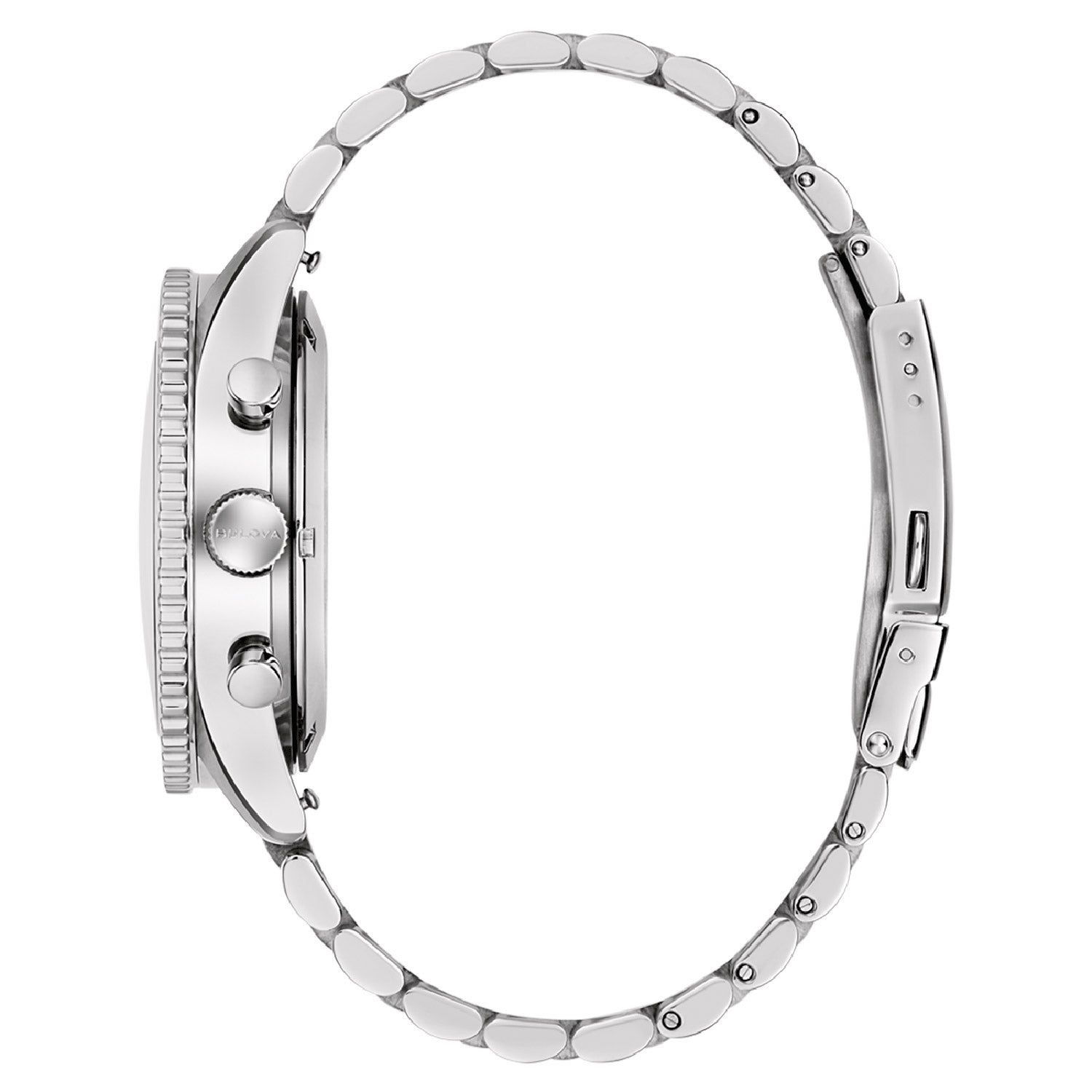 Seitenansicht: Herrenuhr mit Edelstahlgehäuse, verschraubter Krone und Chrono-Drückern