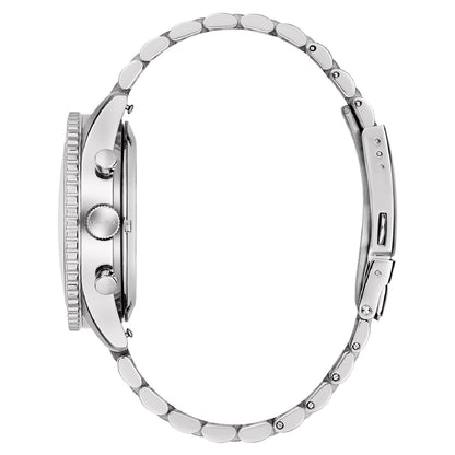 Seitenansicht: Herrenuhr mit Edelstahlgehäuse, verschraubter Krone und Chrono-Drückern