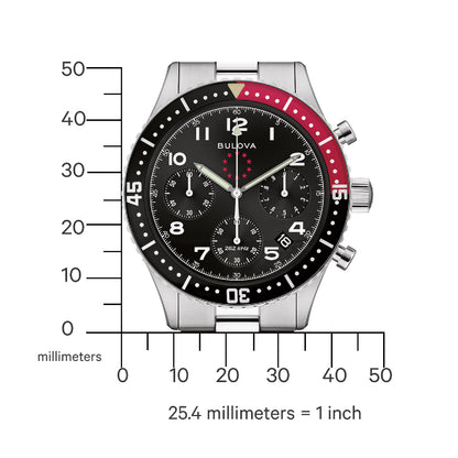 Frontansicht der Herrenuhr mit schwarzem Zifferblatt, roter Lünette und Maßstab