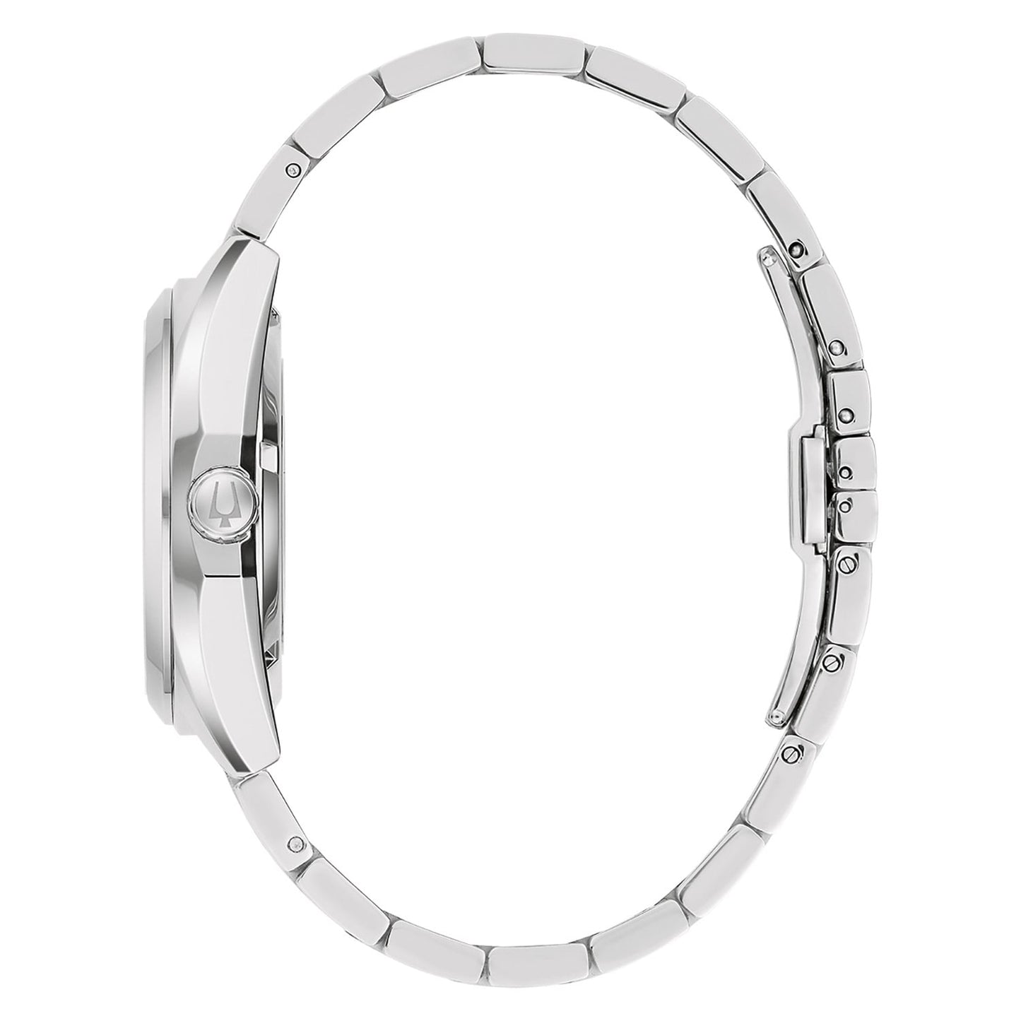Herrenarmbanduhr mit Edelstahlgehäuse und -armband, seitliche Ansicht