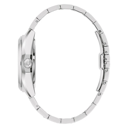 Herrenarmbanduhr mit Edelstahlgehäuse und -armband, seitliche Ansicht