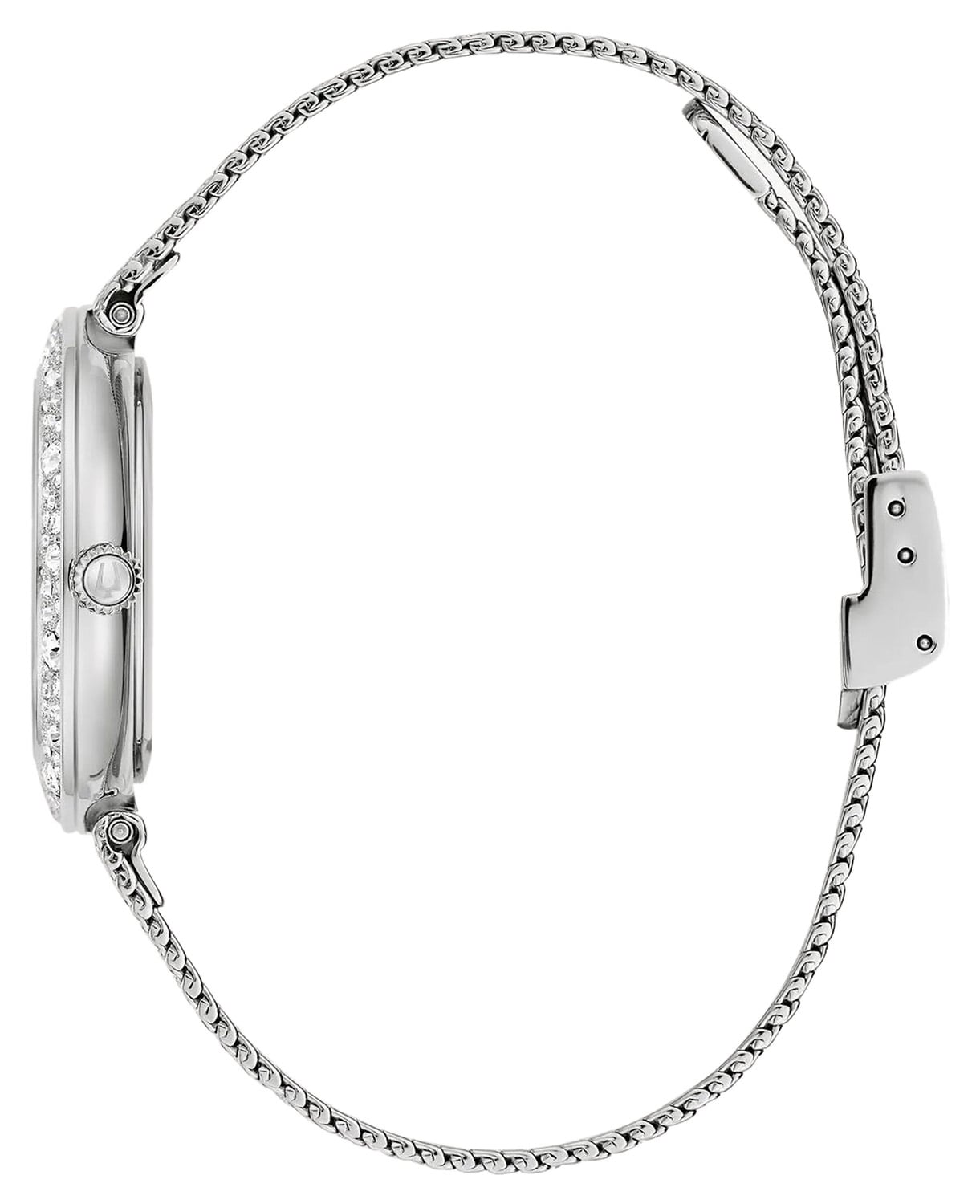 Damenuhr, silberfarbenes Maschenarmband, rundes Gehäuse mit Schmuckbesatz