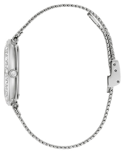 Damenuhr, silberfarbenes Maschenarmband, rundes Gehäuse mit Schmuckbesatz