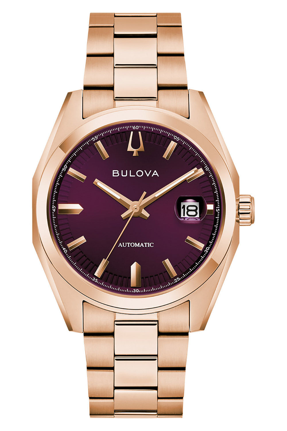 Bulova Herren-Automatik-Armbanduhr mit roségoldener Edelstahlkette, violettem Zifferblatt