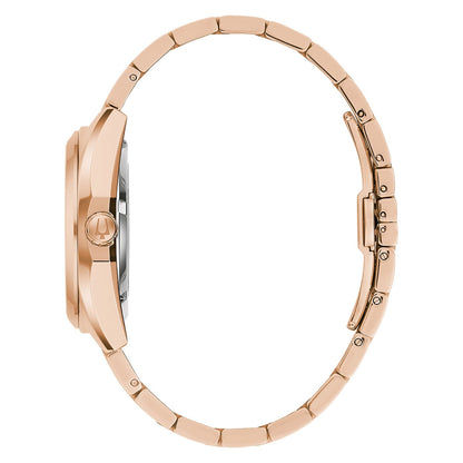 Bulova Herren-Uhrgehäuse in Roségold mit Gliederarmband und Krone, seitliche Ansicht