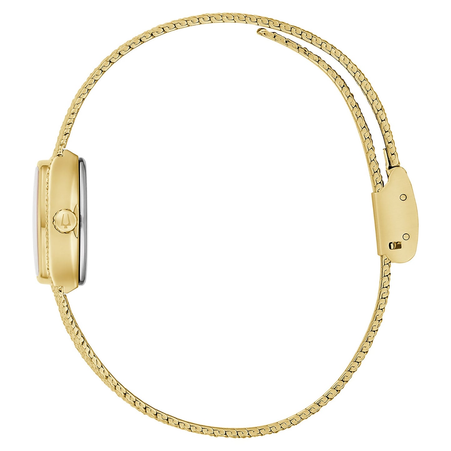 Goldfarbene Damenuhr mit Kettengliederband, Gehäuserückseite mit Bulova-Logo