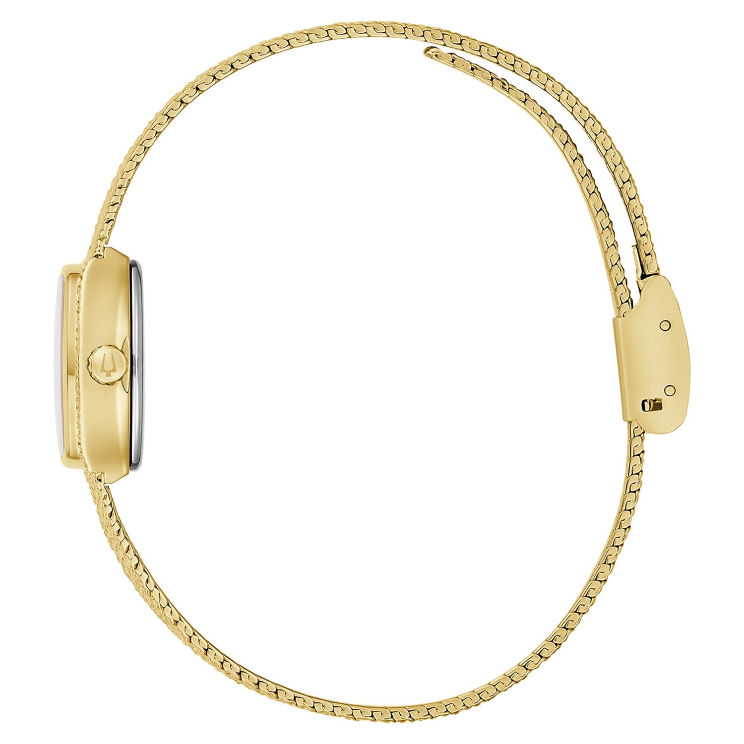Goldfarbene Damenuhr mit Kettengliederband, Gehäuserückseite mit Bulova-Logo