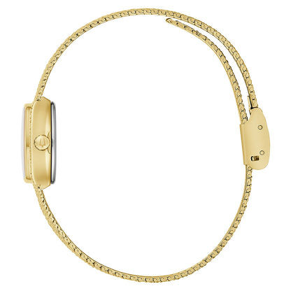 Goldfarbene Damenuhr mit Kettengliederband, Gehäuserückseite mit Bulova-Logo