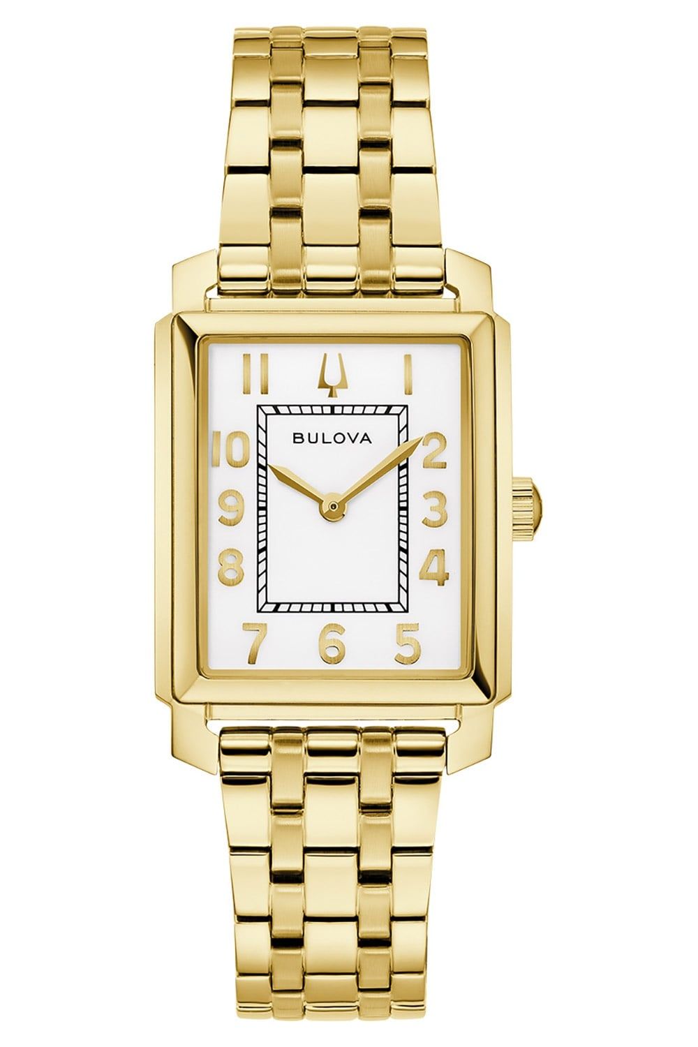 Bulova Damenarmbanduhr mit weißem Zifferblatt und goldfarbenem Metallarmband