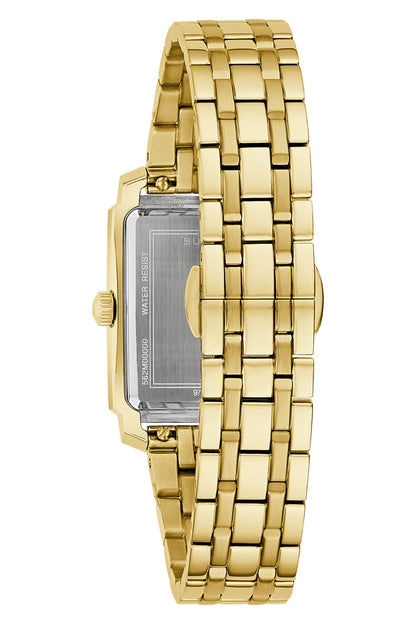 Bulova Damenarmbanduhr von der Seite mit geöffnetem Gehäuseboden und goldfarbenem Band