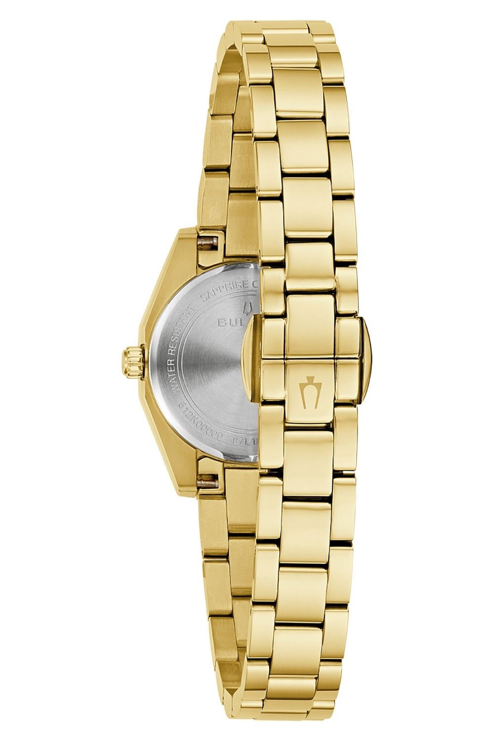Damenarmbanduhr mit sichtbarer Gehäuserückseite und goldfarbenem Edelstahlband