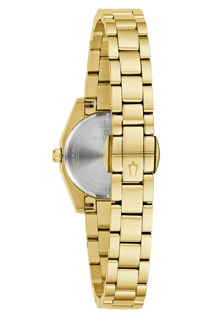 Damenarmbanduhr mit sichtbarer Gehäuserückseite und goldfarbenem Edelstahlband