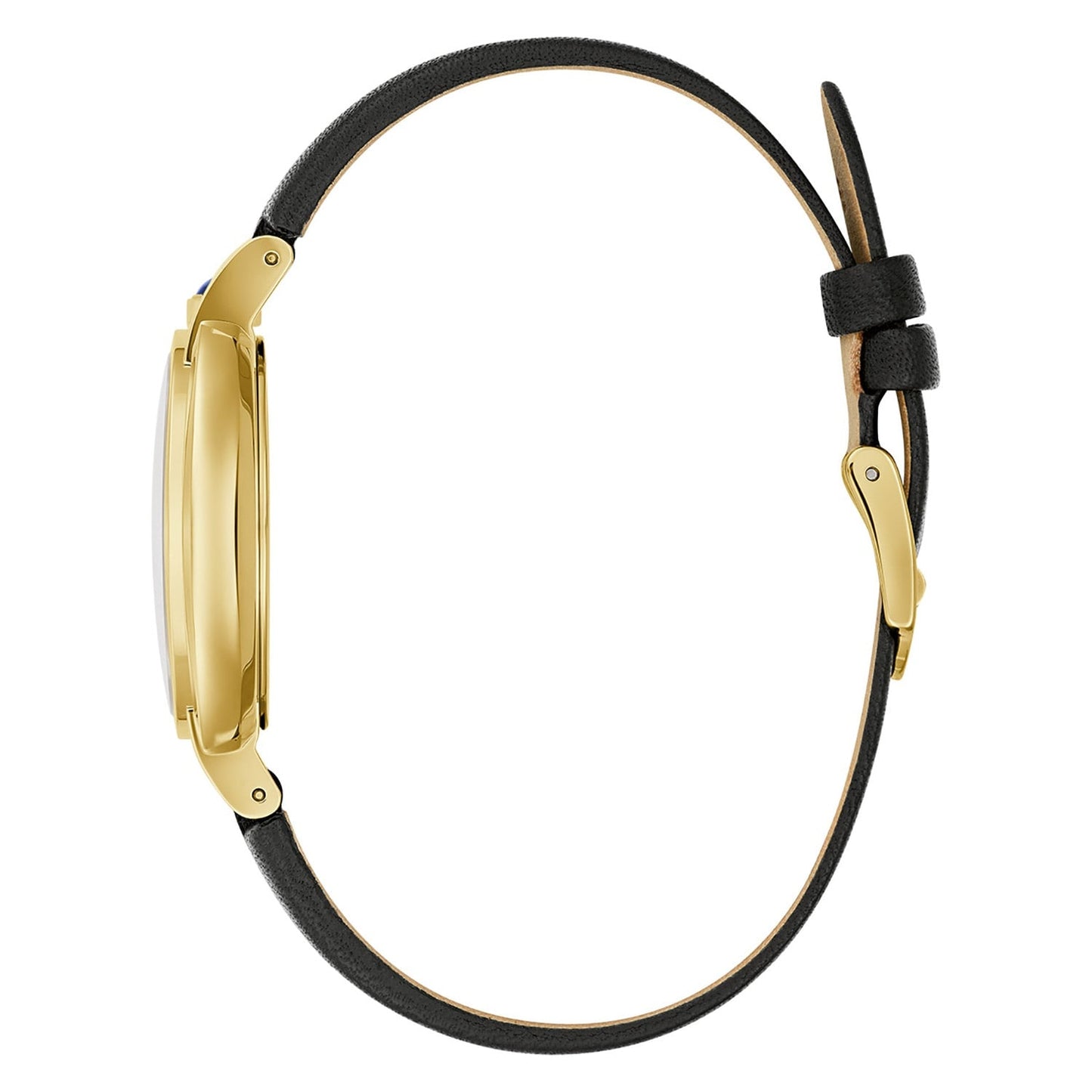Damenarmbanduhr von Bulova, Seitenansicht: schwarzes Lederband mit goldenem Gehäuse