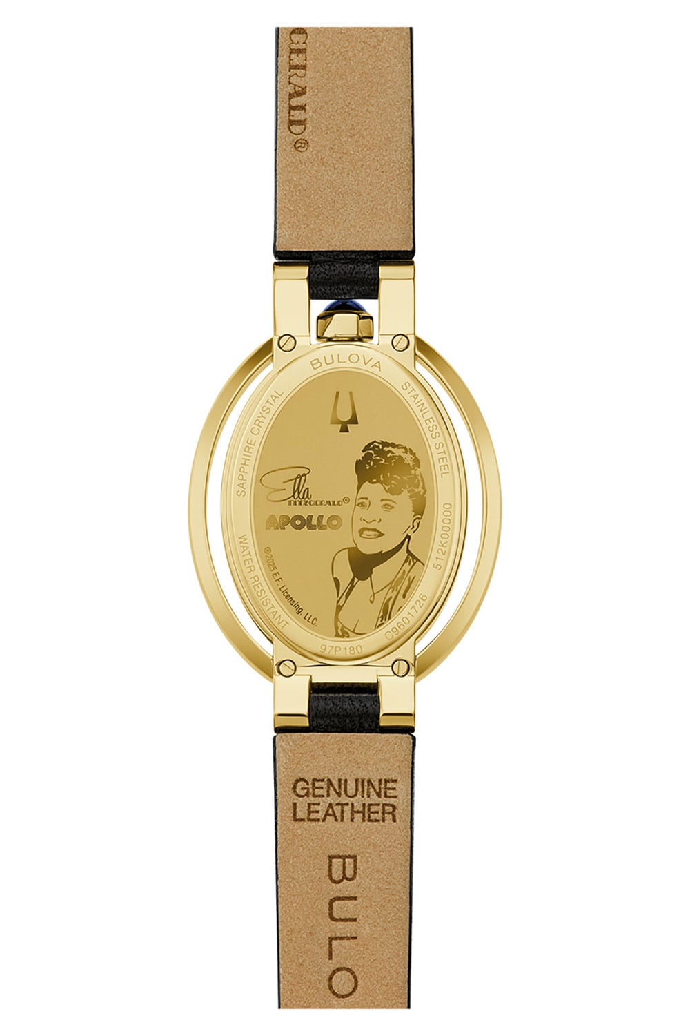 Damenarmbanduhr von Bulova mit braunem Lederband und Bildgravur auf der Rückseite