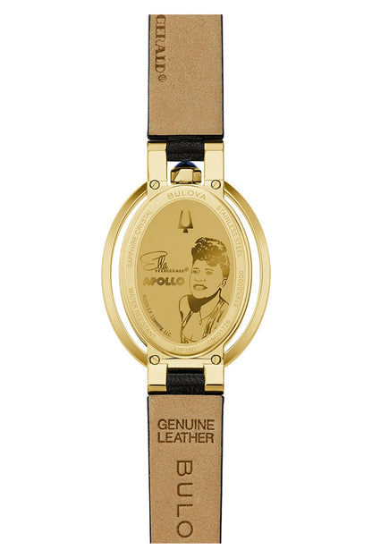 Damenarmbanduhr von Bulova mit braunem Lederband und Bildgravur auf der Rückseite