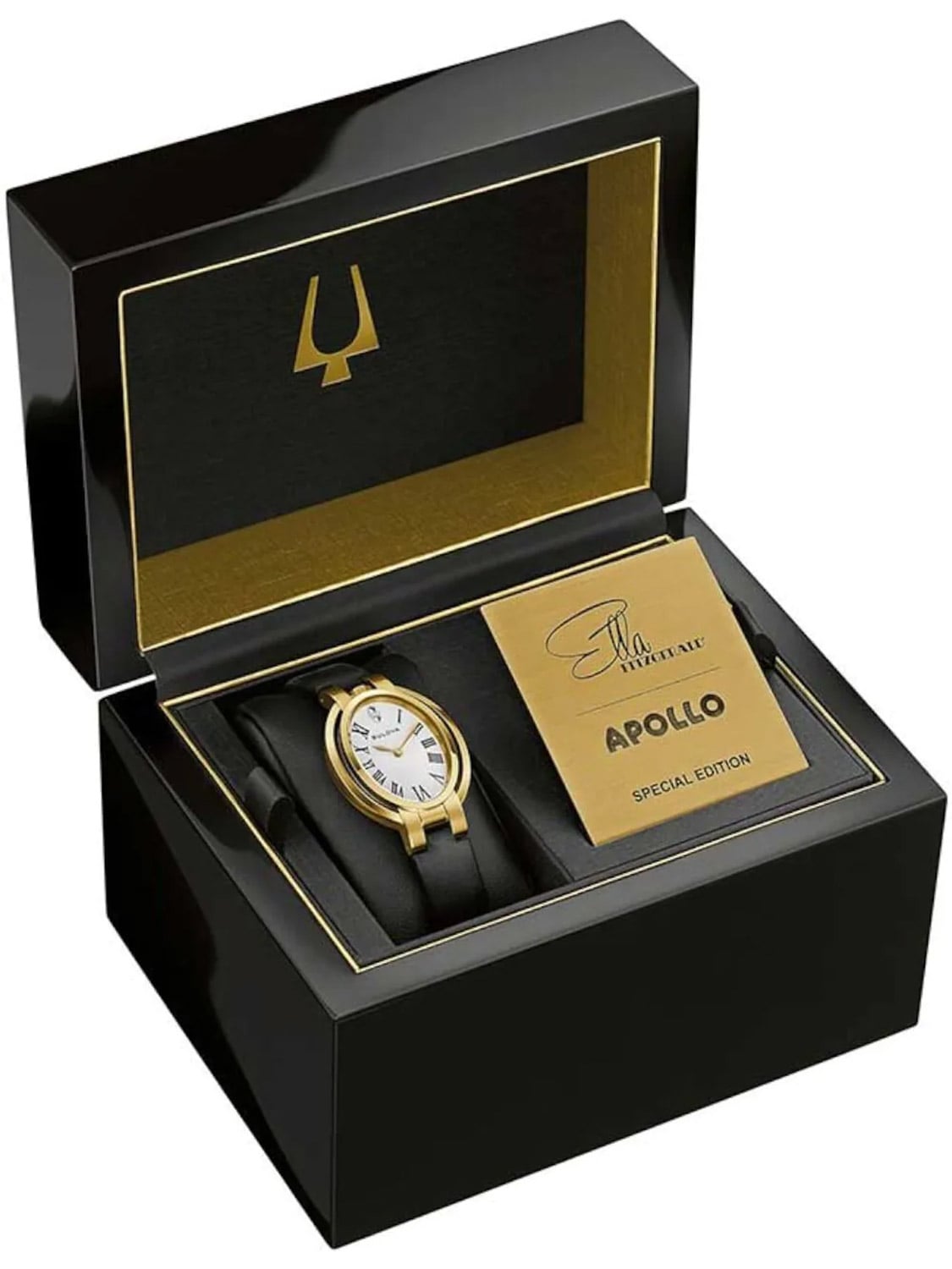 Damenarmbanduhr von Bulova im offenen Geschenkset mit schwarzem Lederband und goldenem Zifferblatt