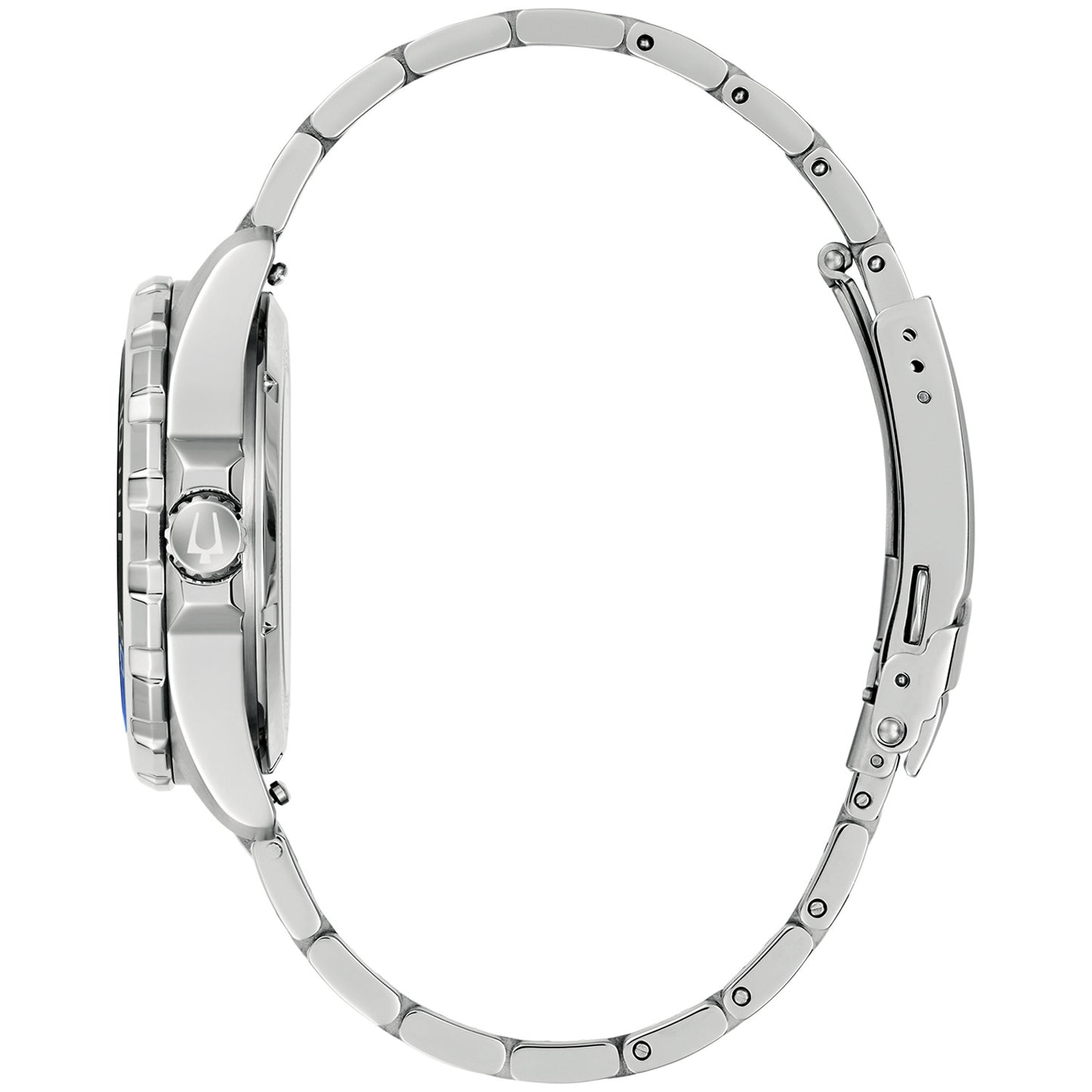 Herrenarmbanduhr Bulova, silbernes Stahlband mit Gehäuse von der Seite