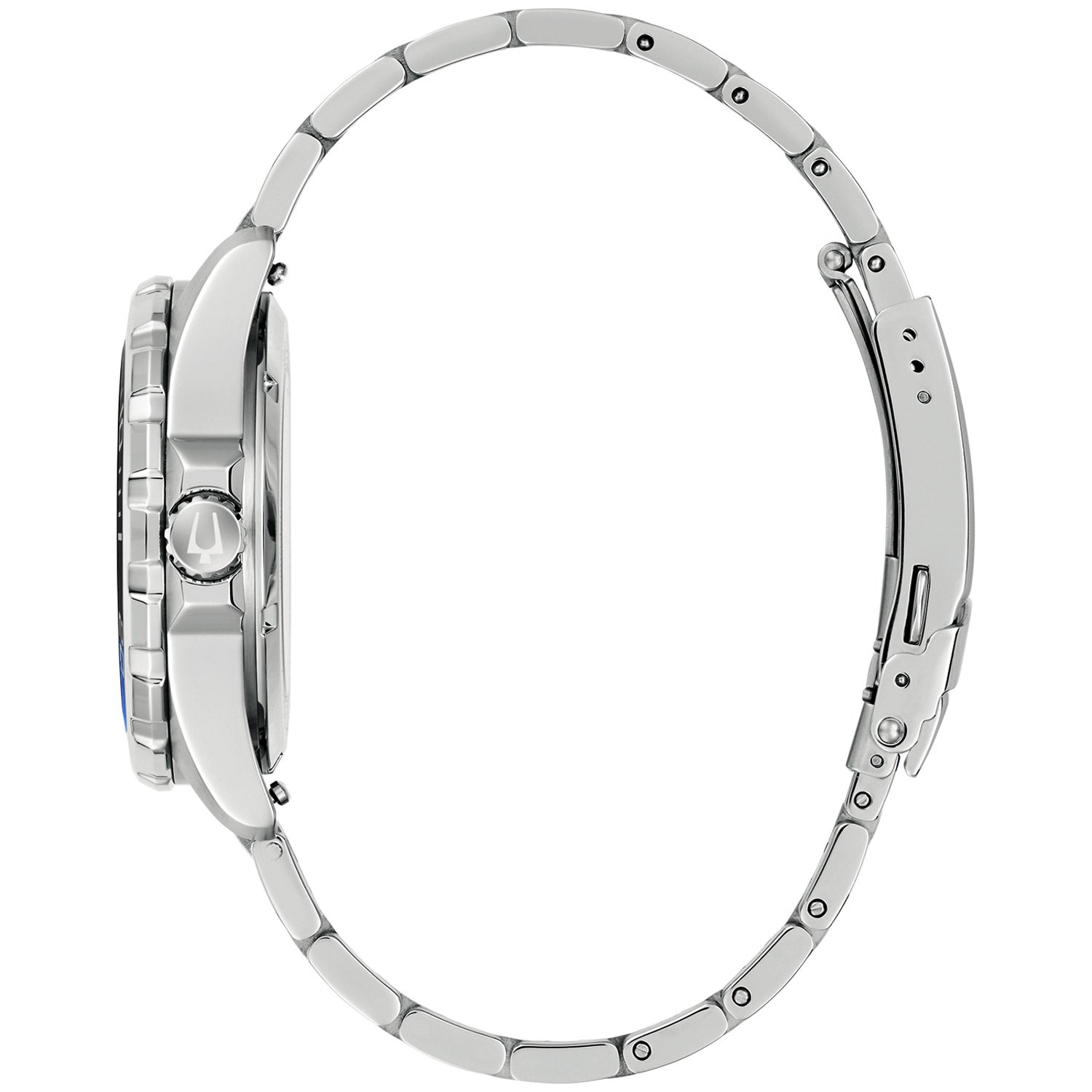 Herrenarmbanduhr Bulova, silbernes Stahlband mit Gehäuse von der Seite