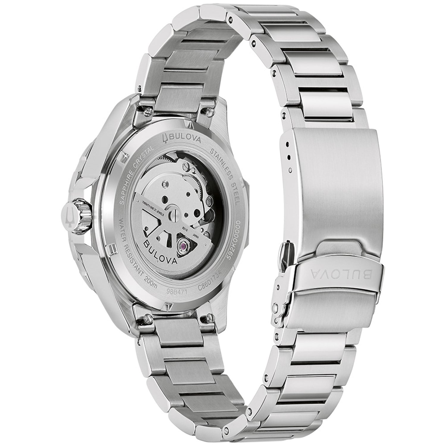 Herrenarmbanduhr Bulova mit Sichtboden, sichtbarem Automatikwerk und Stahlband