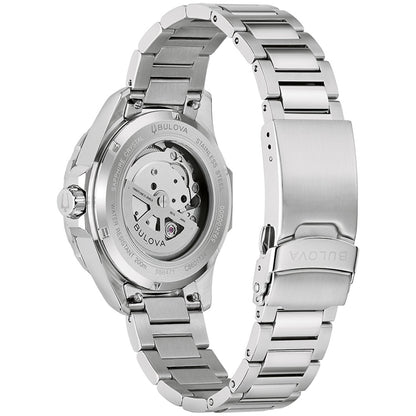 Herrenarmbanduhr Bulova mit Sichtboden, sichtbarem Automatikwerk und Stahlband