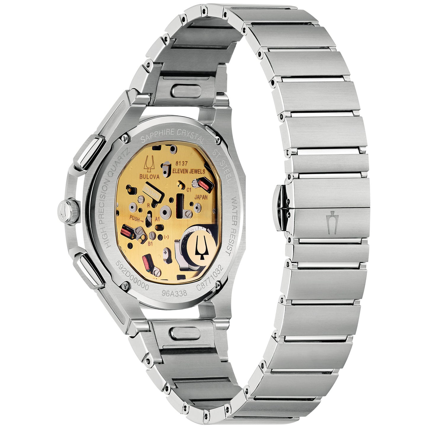 Bulova Herrenarmbanduhr Rückseite mit goldfarbenem Werk, Edelstahlarmband