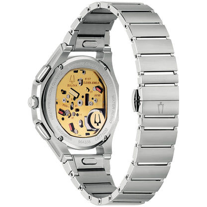Bulova Herrenarmbanduhr Rückseite mit goldfarbenem Werk, Edelstahlarmband