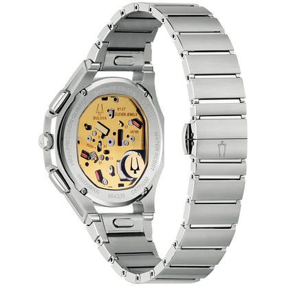 Bulova Herrenarmbanduhr mit geöffnetem Gehäuse, goldfarbenem Uhrwerk und Edelstahlband