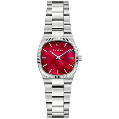 Bulova Damenarmbanduhr mit rotem Zifferblatt und silbernem Metallarmband, runde Lünette