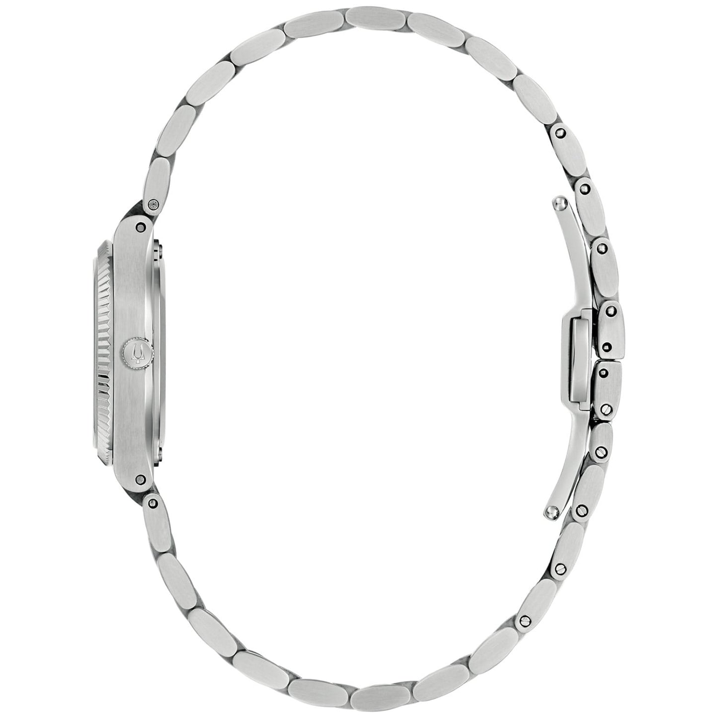 Bulova Damenarmbanduhr Seitenansicht mit silbernem Metallarmband und polierter Lünette