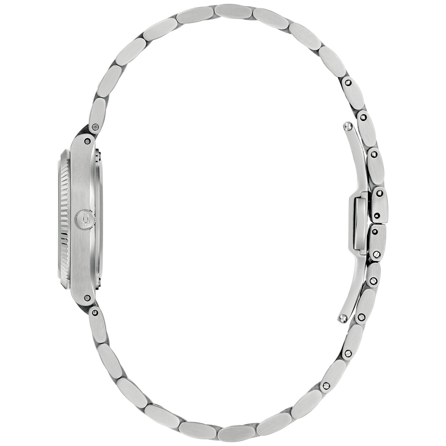 Bulova Damenarmbanduhr Seitenansicht mit silbernem Metallarmband und polierter Lünette