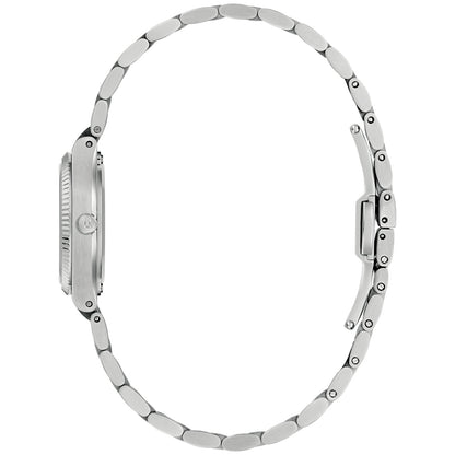 Bulova Damenarmbanduhr Seitenansicht mit silbernem Metallarmband und polierter Lünette