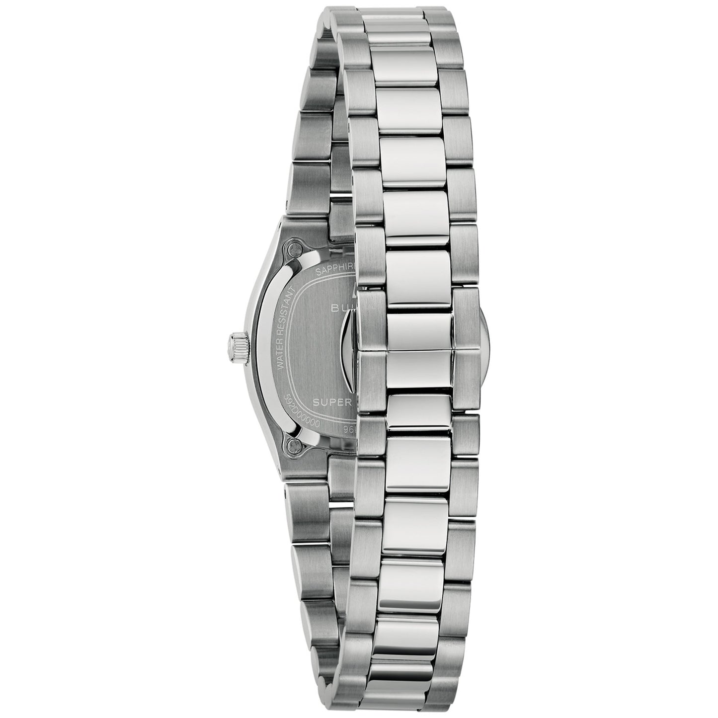 Bulova Damenarmbanduhr Seitenansicht mit Krone und silbernem Metallgehäuse