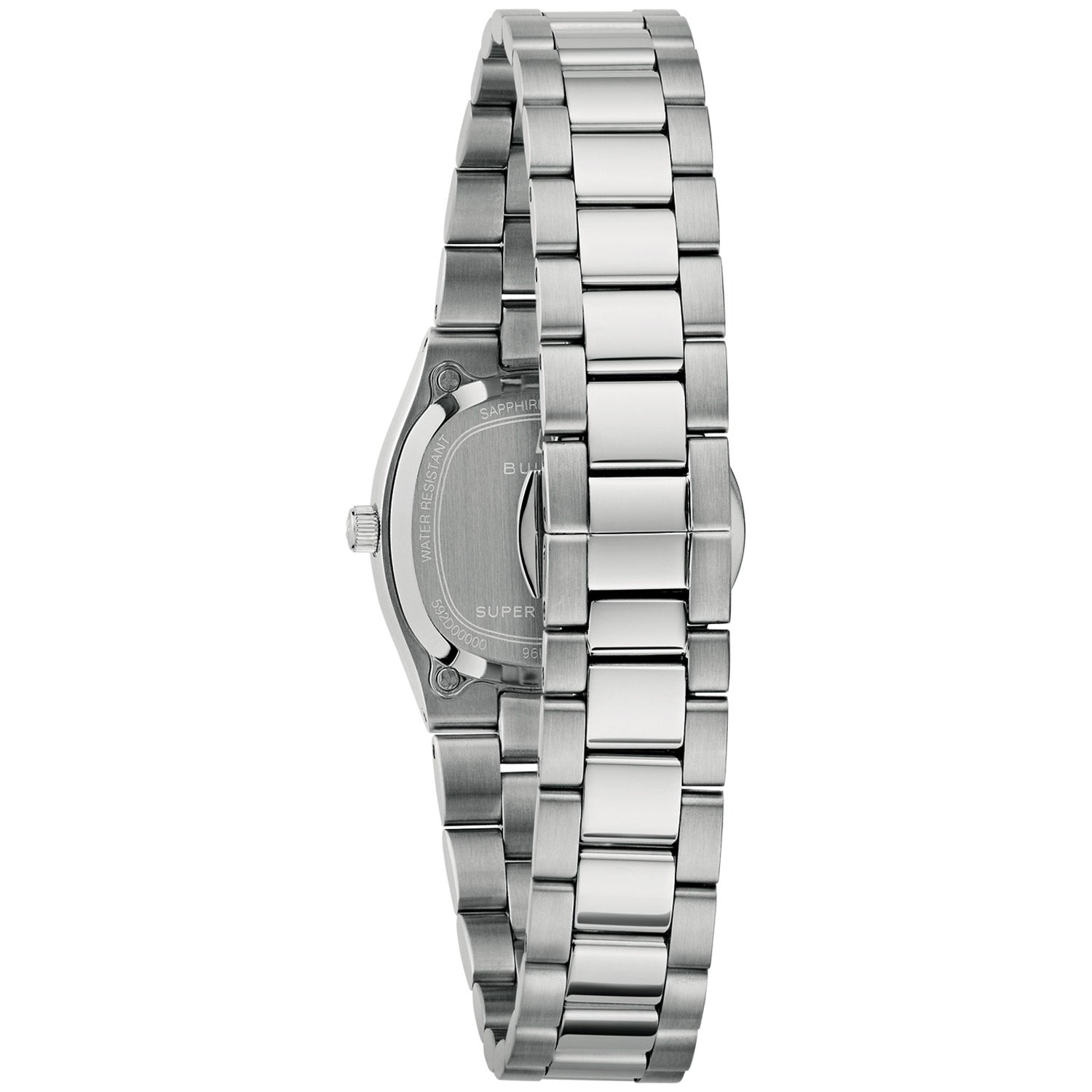 Bulova Damenarmbanduhr Seitenansicht mit Krone und silbernem Metallgehäuse