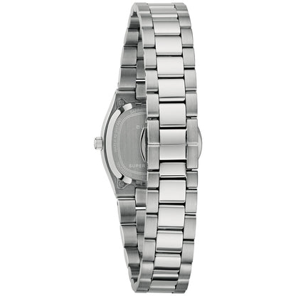 Bulova Damenarmbanduhr Seitenansicht mit Krone und silbernem Metallgehäuse